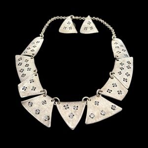 Silver statement bib collar necklace studded rhinestones & matching earrings RN